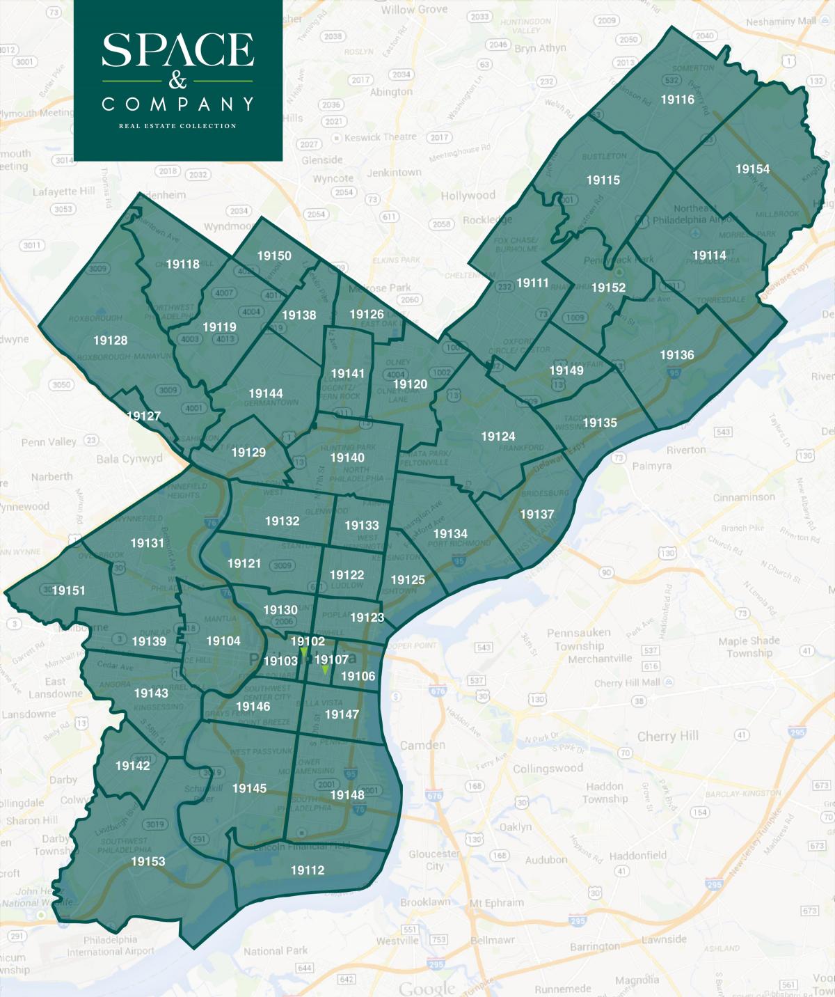 kaart van het centrum van Philadelphia zip-code