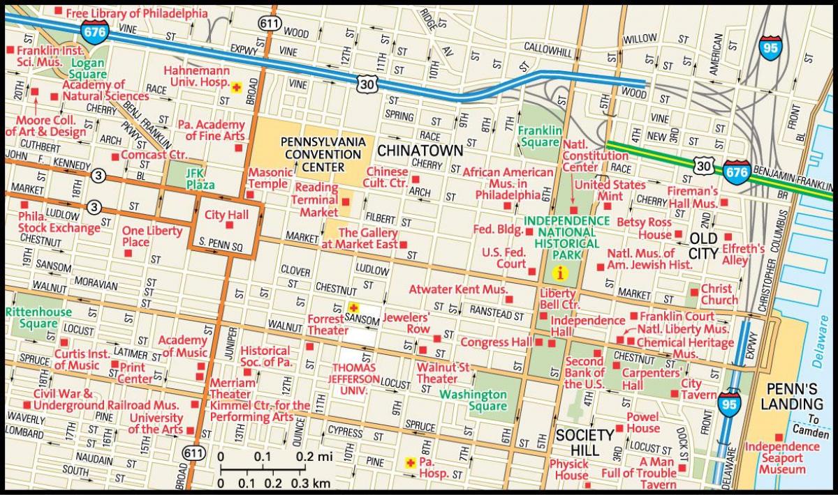 kaart van het centrum van Philadelphia
